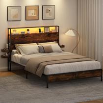 Cama Casal, Estrutura de Cama Metálica com Cabeceira Prateleira, Alta Resistência com Espaço de Armazenamento, Marrom 140x228x114 cm