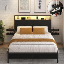 Cama Casal, Estrutura de Cama Metálica com Cabeceira Prateleira, Alta Resistência com Espaço de Armazenamento, Preta 148x228x114 cm
