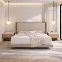 Cama Casal Viena Estofada com Pés de Ferro, Madeira Maciça e Visual Estilo Flutuante