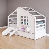 Cama Casinha com Janela com 02 Gavetas e Escada/Escorregador Madeira Maciça Branco Housin Cama Casinha com Janela com 02 Gavetas e Escada/Escorregador Madeira Maciça Branco Housin