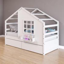 Cama Casinha com Janela com 02 Gavetas Madeira Maciça Branco Housin