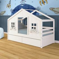 Cama Casinha dos Sonhos com 02 Gavetas Madeira Maciça Branco Megamobilia