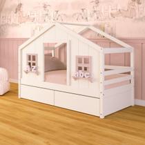 Cama Casinha dos Sonhos com 02 Gavetas Madeira Maciça Branco/ Rosa Megamobilia