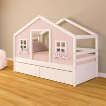 Cama Casinha dos Sonhos com 02 Gavetas Madeira Maciça Rosa/ Branco Housin