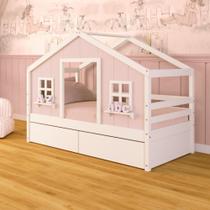 Cama Casinha dos Sonhos com 02 Gavetas Madeira Maciça Rosa/ Branco Megamobilia