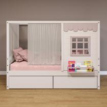 Cama Casinha Gavetas Cortina Madeira Branco-Rosa