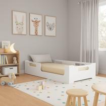 Cama Cecília Solteiro Menino Montessori Moderna c/ Grade Proteção MDF - Branca