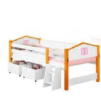 Cama Com 2 Baús Solteiro Casinha Branco Rosa Elza Divaloto