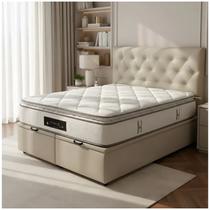 Cama Com Baú Queen E Cabeceira + Colchão Cloud Luckspuma Sued Marrom