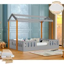 Cama com Colchão D28 Montessoriana Casal Infantil Ágatha e Amêndoa com Luminária - Cinza Cama com Colchão D28 Montessoriana Casal Infantil Ágatha e Amêndoa com Luminária - Cinza
