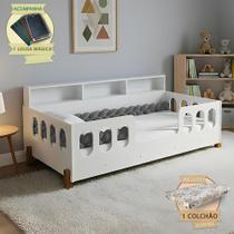 Cama Completa Nina com Colchão e Enxoval Trança Cinza 2,5m com Lousa Mágica para Quarto - Branco Cama Completa Nina com Colchão e Enxoval Trança Cinza 2,5m com Lousa Mágica para Quarto - Branco