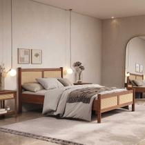 Cama De Casal Madeira Maciça Com Rattan 140 x 190 cm Castanho Cefira