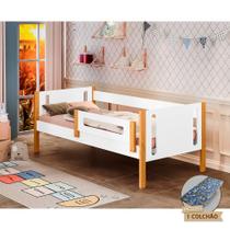 Cama de Criança Infantil Babá Montessoriana com Colchão Mirela com Grade de Proteção - Branco/mel