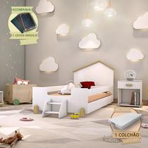 Cama de Criança Infantil com Colchão e Escadinha Solteiro Ayla Branca/natural Incluso Lousa Mágica