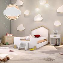Cama de Criança Infantil Montessoriana com Escadinha Juvenil Ayla Branca/natural Luminária Led