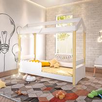 Cama de Criança Infantil Montessoriana Solteiro com Led Jhulia Grade Branca - Branco e Natural