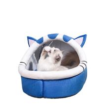 Cama de gato aconchegante semi-fechada de pelúcia azul para gato ou cachorro