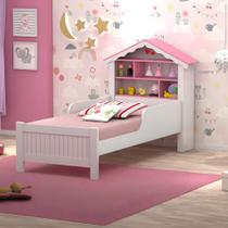 Cama de Solteiro Cabeceira Casinha Princesa Prateleiras Rosa com Colchão