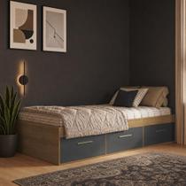 Cama de Solteiro com 3 Gavetas Genebra Mel Grafite Cama de Solteiro com 3 Gavetas Genebra Mel Grafite