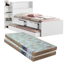 Cama De Solteiro Com Auxiliar Bicama Para Quarto Prateleira e Nicho Lateral Com Bau Cabeceira Com 2 Colchão Top 188x88cm