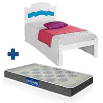 Cama de Solteiro Com Design Em Alto Relevo Iris Branco E Azul VJ Móveis Com Colchão Probel D20