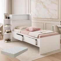 Cama de Solteiro Isa com Prateleira e Gavetas Bau, Cama com Colchão Cama de Solteiro Isa com Prateleira e Gavetas Bau, Cama com Colchão