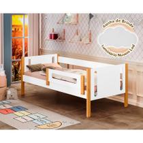 Cama de Solteiro Mirela Branco/mel com Grade de Proteção + Luminária Led - MADEIRA STORE