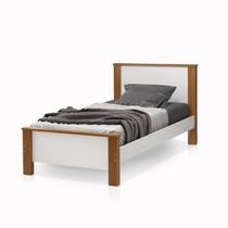 Cama De Solteiro Para Quarto MDF C/Madeira Maciça Estilo Moderno Mila Tradicional Branco Com Amendoa