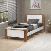 Cama De Solteiro Para Quarto Tradicional Mila MDF Com Pés de Madeira Branco C/ Amendoa