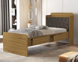 Cama de Solteiro Tamires Com Gavetas e Bau Design Moderno MDF Com Capitonê Classico