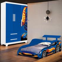Cama E Guarda Roupa Solteiro Carro Stock Car Azul menino para quarto Criança Portas e gavetas cama resistente decorativa