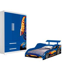 Cama E Guarda Roupa Solteiro Carro Stock Car Azul menino para quarto Criança Portas e gavetas cama resistente decorativa