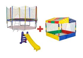 Cama Elástica Nacional Redonda 3,05m Resistente + Piscina de Bolinhas 1,50m + Escorregador Médio Playgroud Infantil - Weber Toys