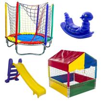 Cama Elástica Pula Pula 1,40m + Piscina de Bolinhas 1,00m + Escorregador Médio + Gangorra 1 Lugar