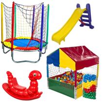 Cama Elástica Pula Pula 1,40m Premium Piscina de Bolinhas 1,00m Quadrada Escorregador Médio Gangorra 1 lugar Infantil 500 Bolinhas