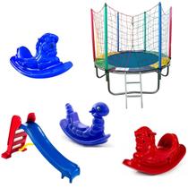 Cama Elástica Pula Pula 1,83m Nacional + Escorregador Playground Médio + 3 Cavalinhos - Rotoplay Brinquedos