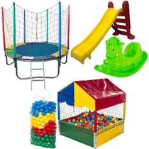 Cama Elástica Pula Pula 1,83m Piscina de Bolinhas 1,00m Quadrada Escorregador 3 Degraus Gangorra 1 Lugar Infantil 500 Bolinhas