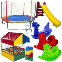 Cama Elástica Pula Pula 2,30m Nacional Piscina de Bolinhas 1,00m 500 Bolinhas Coloridas Escorregador Médio 3 Gangorras