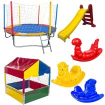 Cama Elástica Pula Pula 2,30m Nacional Piscina de Bolinhas 1,00m Premium Escorregador Médio 3 Gangorras 1 Lugar