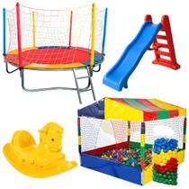 Cama Elástica Pula Pula 2,30m Nacional Piscina de Bolinhas 1,50m 500 Bolinhas Coloridas Escorregador Grande Playground Cavalinho