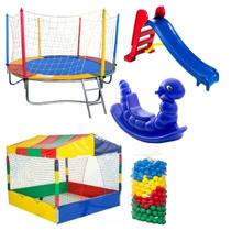 Cama Elástica Pula Pula 2,30m Piscina de Bolinhas 1,50m 500 Bolinhas Escorregador Médio Gangorra 1 Lugar