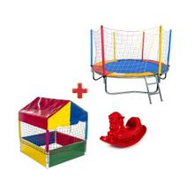 Cama Elástica Pula Pula 2,30m Premium + Piscina de Bolinhas Quadrada 1,00m + Gangorra Infantil