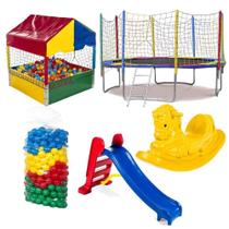 Cama Elástica Pula Pula 3,05m Grande Piscina de Bolinhas 1,00m Quadrada Escorregador Médio Gangorra Infantil 500 Bolinhas Coloridas