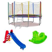 Cama Elástica Pula Pula 3,05m Resistente + Escorregador Playground Premium + Cavalinho 1 Lugar - Rotoplay Brinquedos