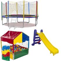 Cama Elástica Pula Pula 3,05m Resistente Piscina de Bolinhas 1,00m 500 Bolinhas Coloridas Escorregador Médio