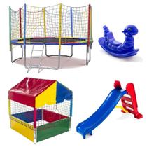 Cama Elástica Pula Pula 3,05m Resistente + Piscina de Bolinhas 1,00m Premium + Escorregador Médio + Cavalinho 1 Lugar