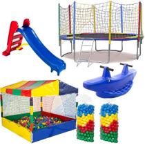 Cama Elástica Pula Pula 3,05m Resistente Piscina de Bolinhas 1,50m Premium 1.000 Bolinhas Escorregador Médio Gangorra 2 Lugares