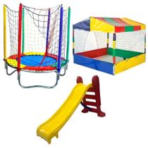 Cama Elástica Pula Pula de 1,40m Piscina de Bolinhas Quadrada 1,50m Premium Escorregador Playground Médio 3 Degraus