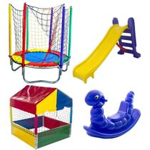 Cama Elástica Pula Pula Pequena 1,40m Piscina de Bolinhas 1,00m Quadrada Pequena Escorregador 3 Degraus Gangorra 1 Lugar Infantil