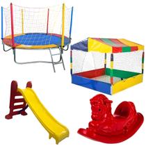 Cama Elástica Pula Pula Trampolim 2,30m Piscina de Bolinhas Quadrada 1,50m Escorregador Médio Gangorra 1 Lugar